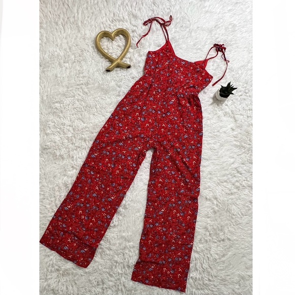 NWT LULUS Blooming Bliss Red Floral Print Tie-Strap Jumpsuit - Picture 3 of 10